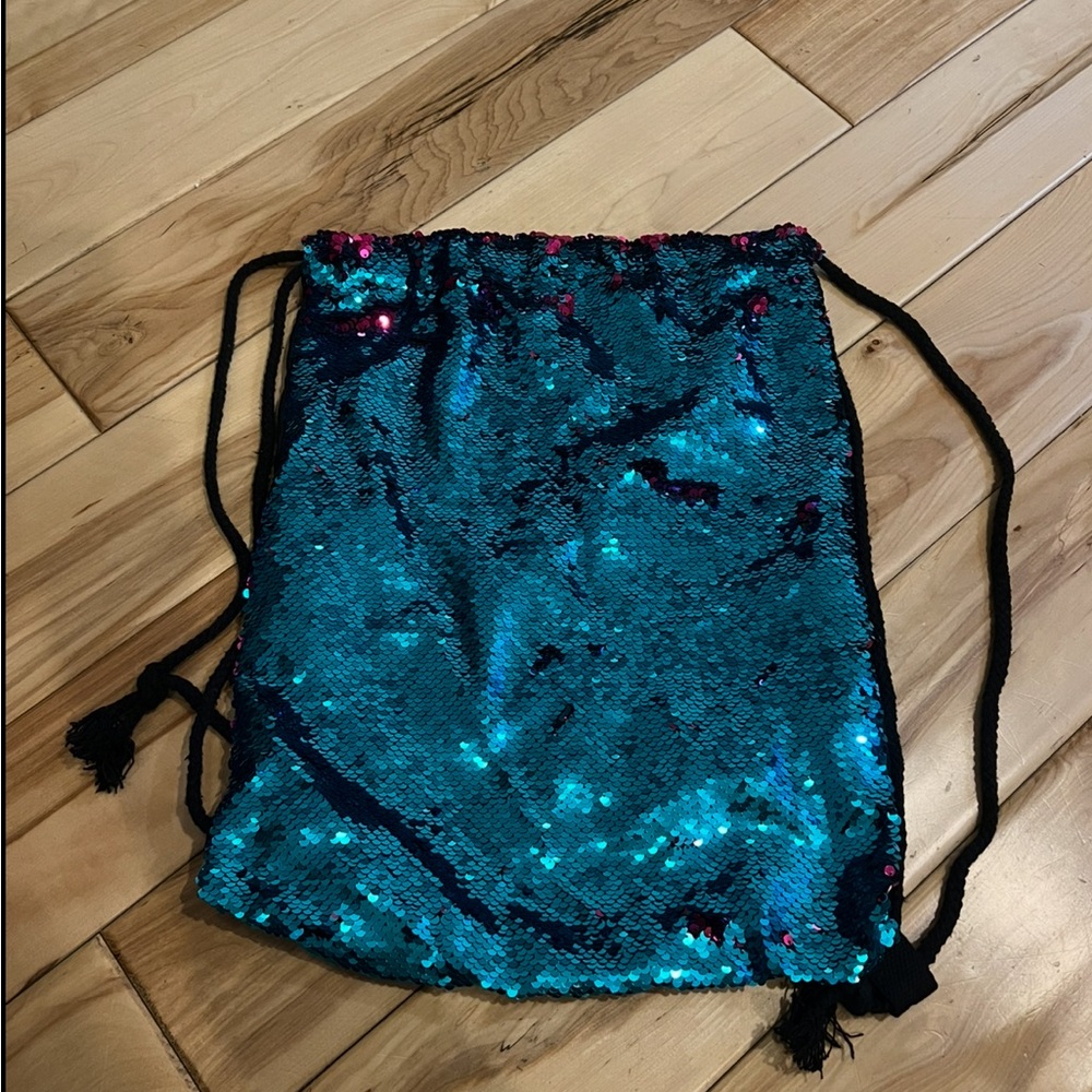 Blue Sequin Drawstring Backpack